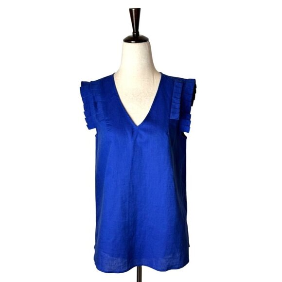 Jade Shirt Women Small Blue Linen Blend Ruffled V Neck Top Preppy Lagenlook - Picture 1 of 9